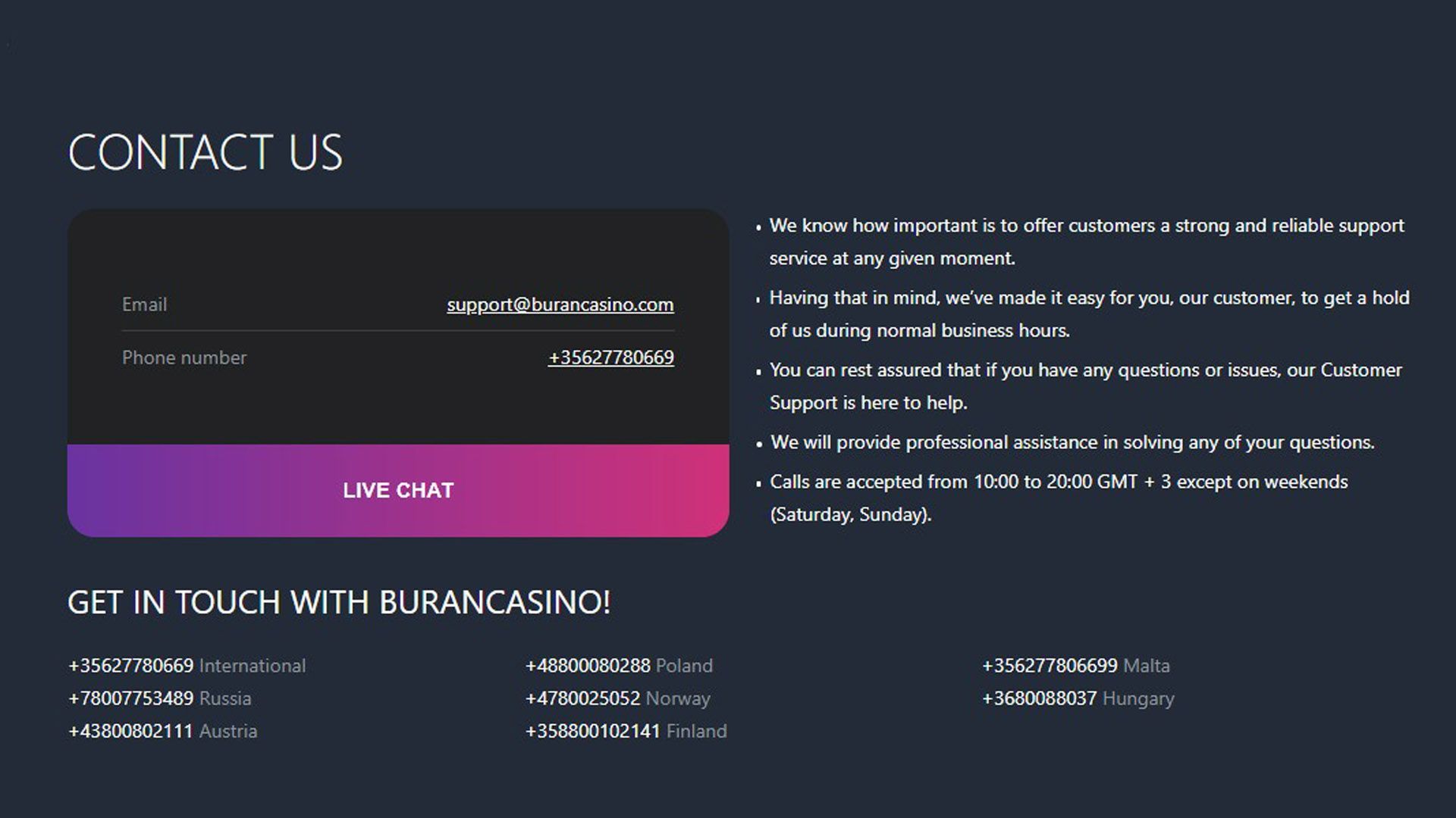 Buran Casino Contacts Page Shot