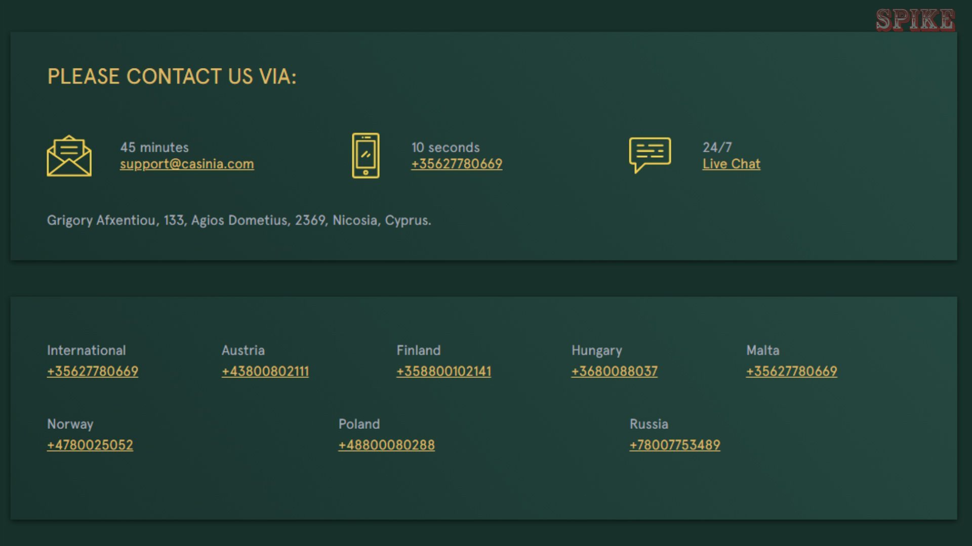 Casinia Casino Contact Page Screen