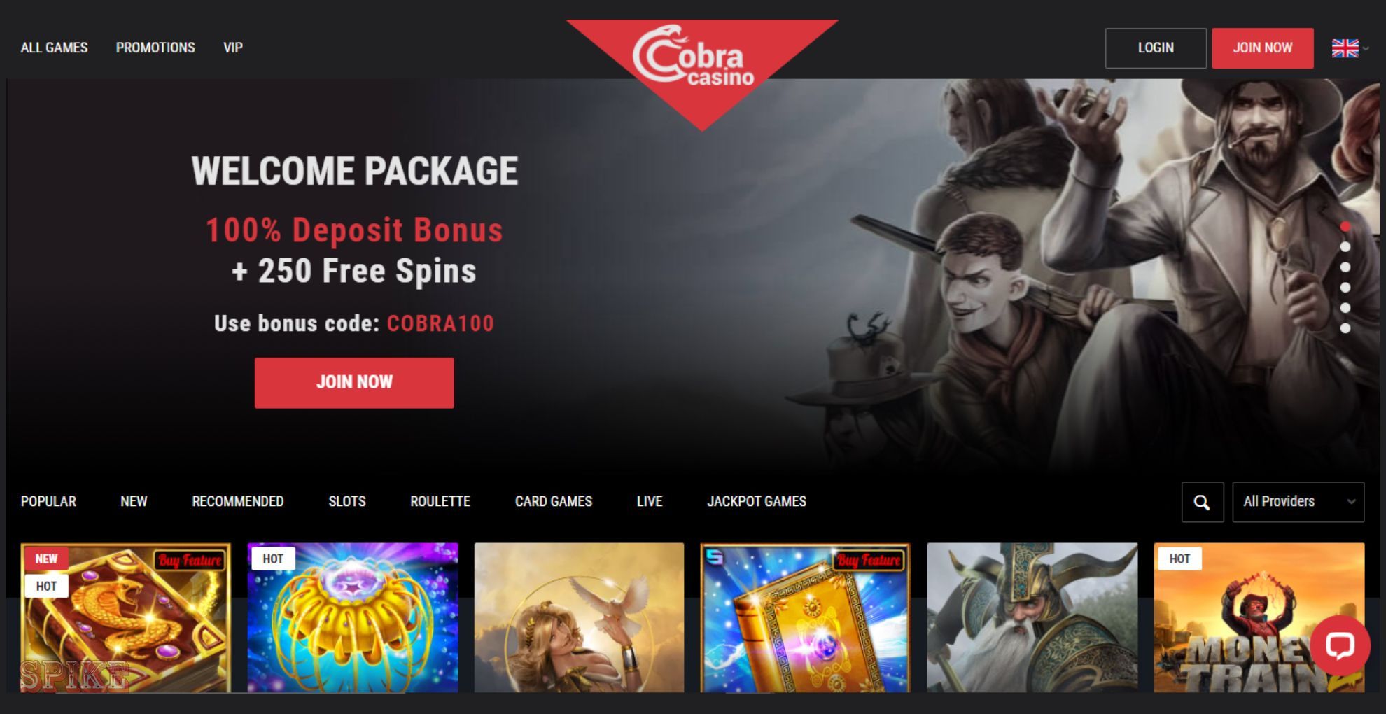 Cobra Casino Homepage Screen