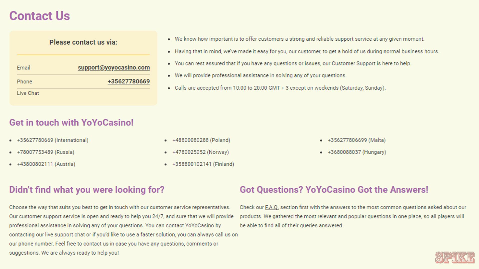 YoYo Casino Contact Us Section